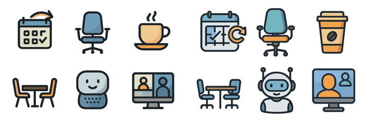 Poster - Colorful icons representing remote work tools and activities in a modern office setting, illustrating virtual meetings and workspace essentials