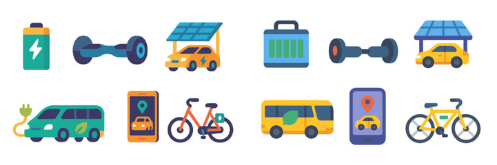 Poster - Energy solutions and transportation options illustrated through colorful icons and symbols