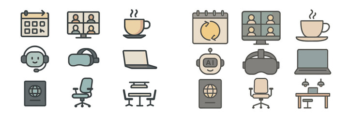 Poster - Tech tools and symbols for remote work and online collaboration displayed on a neutral background