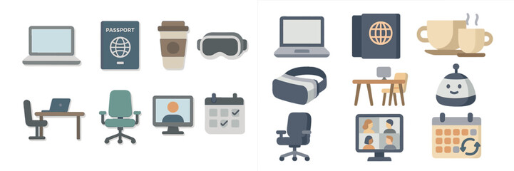 Poster - Graphics illustrating remote work and travel planning with digital elements and office supplies