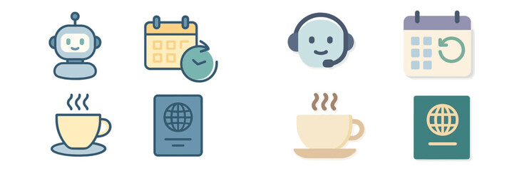Aufkleber - Icons representing technology, scheduling, customer support, and travel in a harmonious arrangement for modern communication