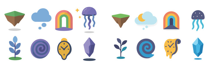 Aufkleber - Colorful cartoon elements including plants, weather symbols, and whimsical objects displayed in a flat design style