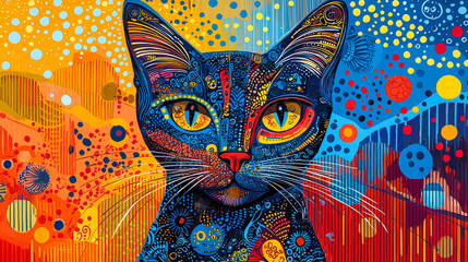 Poster - The artwork depicts a cat with striking features, set against a backdrop of dynamic colors and intricate designs