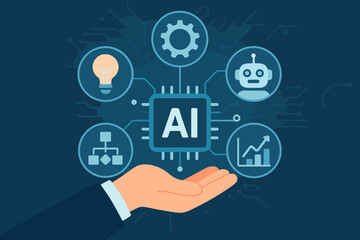 Aufkleber - Artificial intelligence technology concept. Hand holding AI microchip with icons for machine learning, data processing, automation, innovation, and robotics. Digital interface.