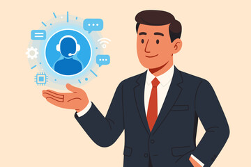 Aufkleber - Businessman with AI assistant icon. Concept of smart technology, virtual help, chatbot, and artificial intelligence. Digital communication tools for customer service and support.