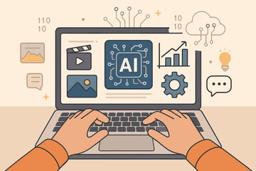 Poster - Hands Typing on Laptop with AI Assistant Interface, Multimedia Icons, Data Analytics, Automation, Smart Technology, Artificial Intelligence Tools for Productivity and Innovation