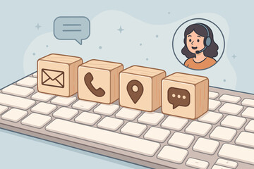 Poster - Contact Us Customer Support Concept with Email, Phone, Address, Chat Message Icons on Wooden Cubes, Keyboard, Online Communication, Website Hotline, Digital Assistance Illustration