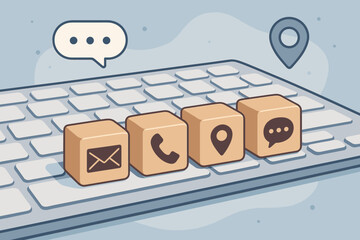 Poster - Contact Us Page Customer Support Concept. Email, Phone, Address, Chat Message Icons on Wooden Cubes Over Keyboard. Online Communication, Website Service, Digital Connection
