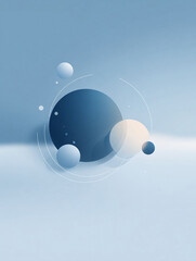 Poster - Abstract composition of spheres and intersecting circles against a gradient blue background. Conceptual design for tech, science, or modern business themes. Serene, clean,  minimalist.