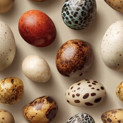 Poster - seamless background various egg textures with intricate patterns are arranged on smooth surface, ideal for design in creative projects generative ai