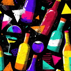 Poster - seamless texture vibrant showcases energetic 80s party theme, featuring colorful bottles and playful geometric shapes set against dark background. ideal for design projects generative ai