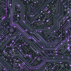 Fototapete - seamless texture showcases circuit board design in dark gray and purple hues, ideal for backgrounds digital print projects. perfect technology themes futuristic aesthetics generative ai