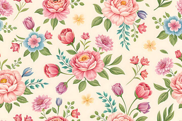  Chintz style floral pattern with pastel flowers and green leaves image