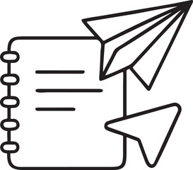 Poster - Paper Plane Icon, Flying Above Notebook, Creative Educational Design in Clean Black Line Vector Style