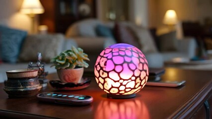 Poster - Modern lamp with warm glow on coffee table in cozy living room with potted succulent, remote control and stylish decor in evening atmosphere