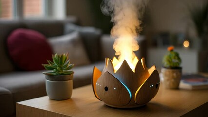 Poster - Modern living room interior with wooden lotus shaped aroma oil diffuser emitting soft light and mist