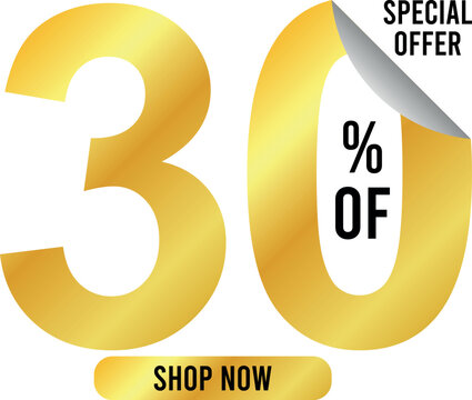 golden 30 percent discount text with shop now button and curled corner label showing special offer promotion for shopping design	