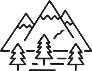 Poster - Mountain Icon, Nature Landscape with Pine Trees, Clean Minimal Adventure Scene in Black Line Illustration