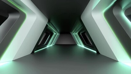 Fototapete - Abstract glowing green tunnel. Dark futuristic corridor with light strips, perspective view. Modern architectural design with gradient.