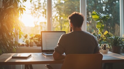 Poster - Professional working at a desk with laptop during sunset surrounded by plants in a home office setting