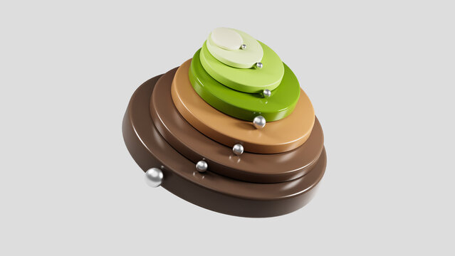 Abstract 3d rendered composition of layered circular platforms in brown and green tones