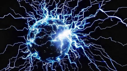 Poster - Dark blue sphere generating powerful electrical discharges, radiating vibrant energy against stark black backdrop with dynamic plasma interactions creating mesmerizing visual effect