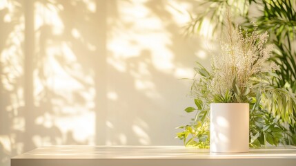 Poster - Beautiful dried flowers in a white pot illuminated by sunlight in a serene indoor setting