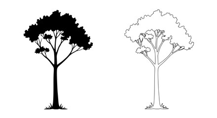 Poster - Tree Silhouette in Monochrome: A striking black and white silhouette of a tree. Its form, both the dark and outlined version, representing the essence of nature and its enduring strength.