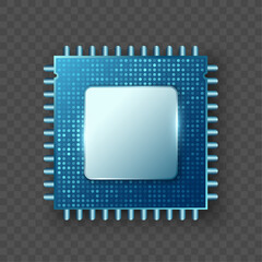 Poster - Realistic blue microprocessor chip on transparent background. Glossy 3D CPU icon with metallic details and dotted surface texture for tech, hardware, electronics, and digital designs. Vector.