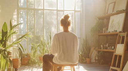 Poster - Woman sitting quietly in sunlit room surrounded by plants during golden hour in a creative space