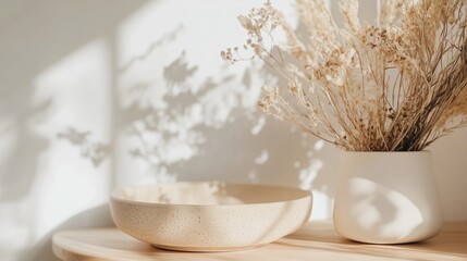 Poster - Decorative bowl and dried flowers create a serene ambiance in a sunlit room