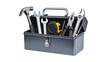 © Pankaj Kumar - Metal toolbox displaying professional-grade hand tools - hammer, wrenches, pliers, screwdriver, tape measure - against transparent backdrop