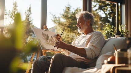 Poster - Elderly man enjoys painting in a sunlit room surrounded by greenery during a calm afternoon