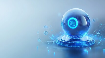 Poster - Futuristic holographic sphere displaying digital icons and data analytics on a sleek background with glowing elements