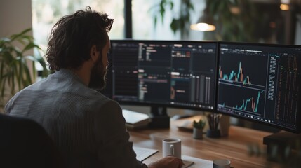 Poster - Professional working at a desk with multiple monitors displaying financial data in a modern office setting