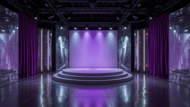 Stage podium with light in digital futuristic style on a blue background. 