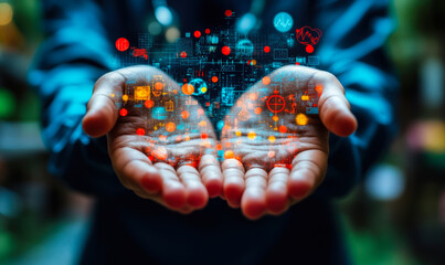 Poster - Open human hands holding glowing futuristic digital health data visualization with medical icons and network connections technology concept for healthcare innovation and data management