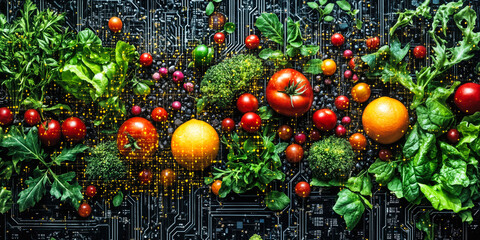 Aufkleber - Fresh vegetables and greens with digital data overlay representing technology and AI integration in food analysis and smart nutrition evaluation concepts