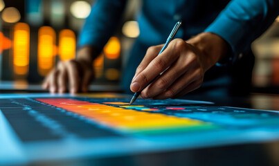 Poster - Close up of business person using stylus pen on interactive digital touchscreen display with colorful charts and data analytics for marketing strategy planning in modern office environment