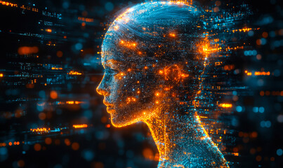 Poster - Futuristic digital human head composed of glowing data points and lights, artificial intelligence concept with abstract network connections in dark space