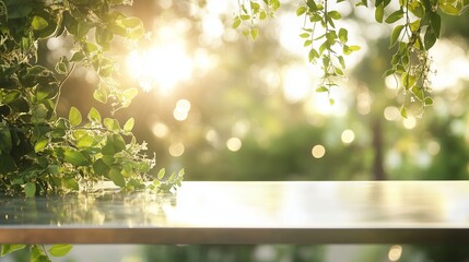 Poster - Sunlight filtering through green leaves at a serene outdoor setting during golden hour