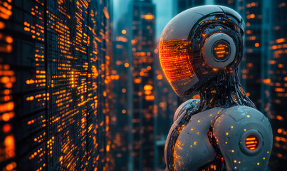 Poster - Futuristic humanoid robot analyzing glowing digital data streams in high-tech environment with blue and orange lights