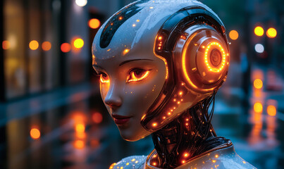 Poster - Futuristic humanoid robot with glowing orange lights and sleek white metallic surface in urban night setting close-up portrait showing detailed cybernetic face and neck design