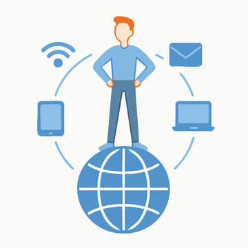 Flat Style Man Standing on Globe Connected to Digital Devices Illustration