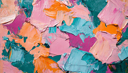 Poster - An abstract oil painting depicting shapes in shades of pink, orange, and teal. The paint is applied thickly, with visible brush strokes and the use of a palette knife. 
