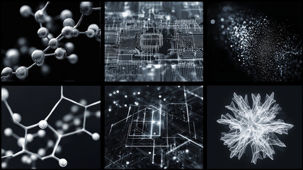 Fototapete - Molecular structures and digital circuits blend in monochrome abstract collage, showcasing intersection of technology and science. intricate designs evoke sense of innovation and complexity