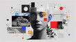 © KM - Digital collage featuring woman face with abstract geometric elements, vibrant colors, and monochrome textures, symbolizing integration of technology and creativity