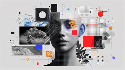 Aufkleber - Digital collage featuring woman face with abstract geometric elements, vibrant colors, and monochrome textures, symbolizing integration of technology and creativity