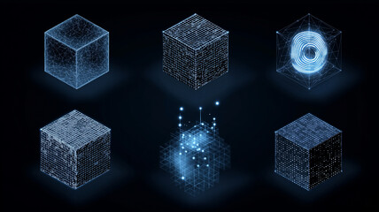 Poster - Digital cubes with glowing wireframes and particle effects represent blockchain technology concepts. futuristic design highlights data networks and digital connections, evoking innovation