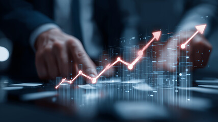 Poster - Person in suit is analyzing data with futuristic digital graph showing upward trends, symbolizing growth and success in business strategy
